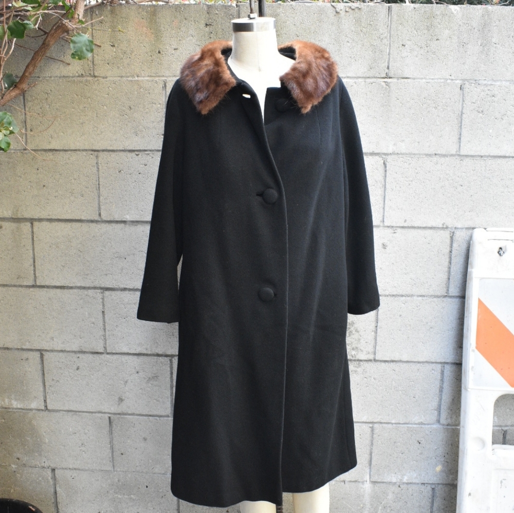 1960s black cashmere mink fur collar coat L